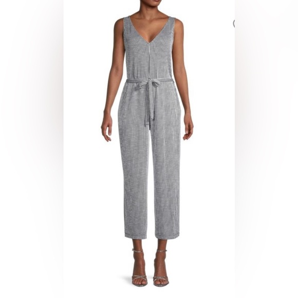 MAX STUDIO STRIPED TIE WAIST SLEEVES CROP JUMPSUIT SIZE S COLOR WHITE/BLUE NWT - Picture 3 of 11